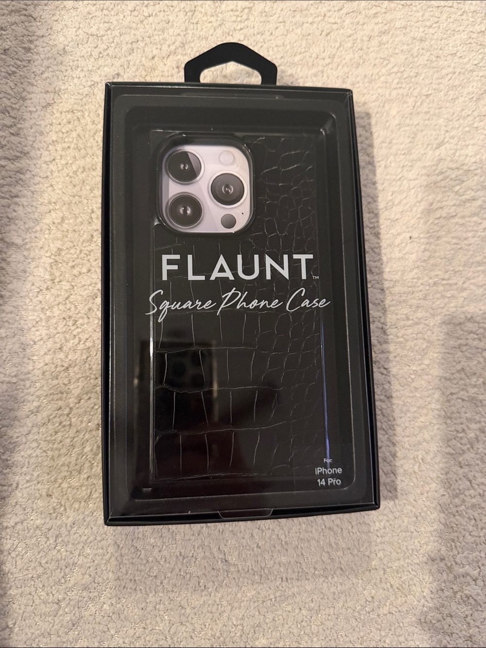 Flaunt Black Croc-Texture Square Phone Case for iPhone 14 Pro